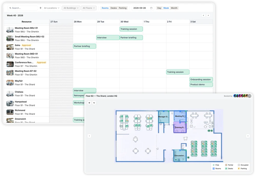 Gaia Workspace weekly booking calendar for rooms and desks, with the live floor map and availability legend