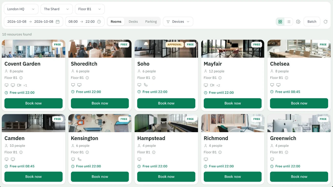 Room search results showing ten bookable rooms with capacity, amenities and availability