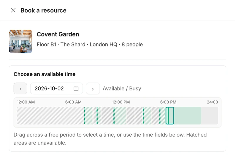 Booking panel for Covent Garden room in Gaia Workspace with the drag-to-select availability timeline