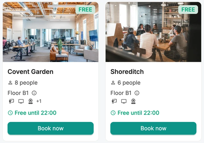 Room cards in Gaia Workspace showing live availability, capacity, floor, amenities and the Book now action