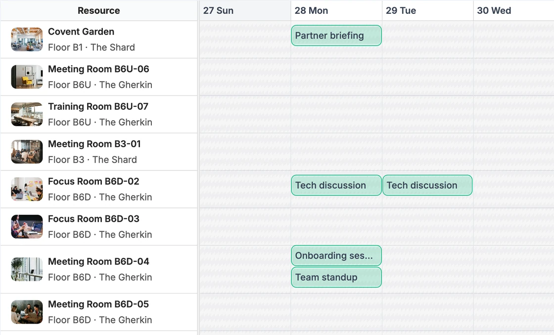 Weekly calendar in Gaia Workspace showing room bookings across the week
