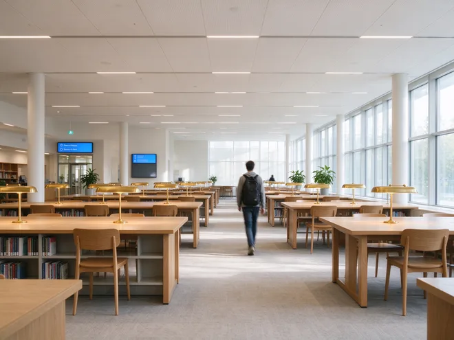 Students studying in a bright university learning commons with long study tables and large windows