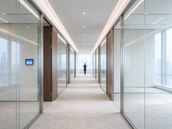 Quiet corporate office floor with glass-walled meeting rooms and a city view