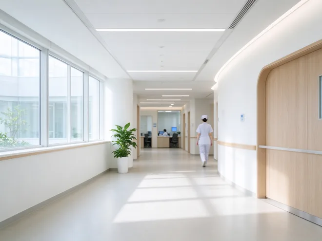Bright hospital outpatient lobby with a wide corridor leading to consultation rooms
