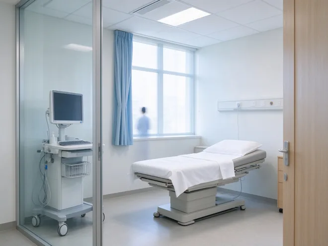 Modern consultation room with an examination bed and a mobile monitor cart