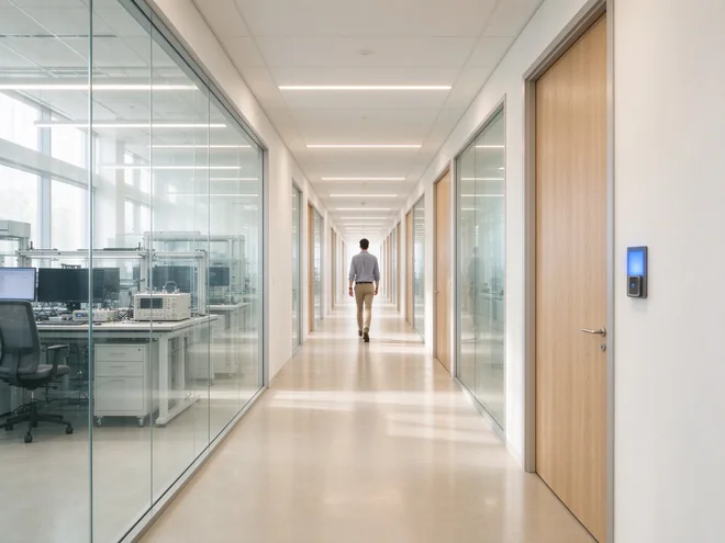R&D floor corridor at a technology company, with a hardware testing lab behind glass partitions and an employee walking toward a badge-controlled door